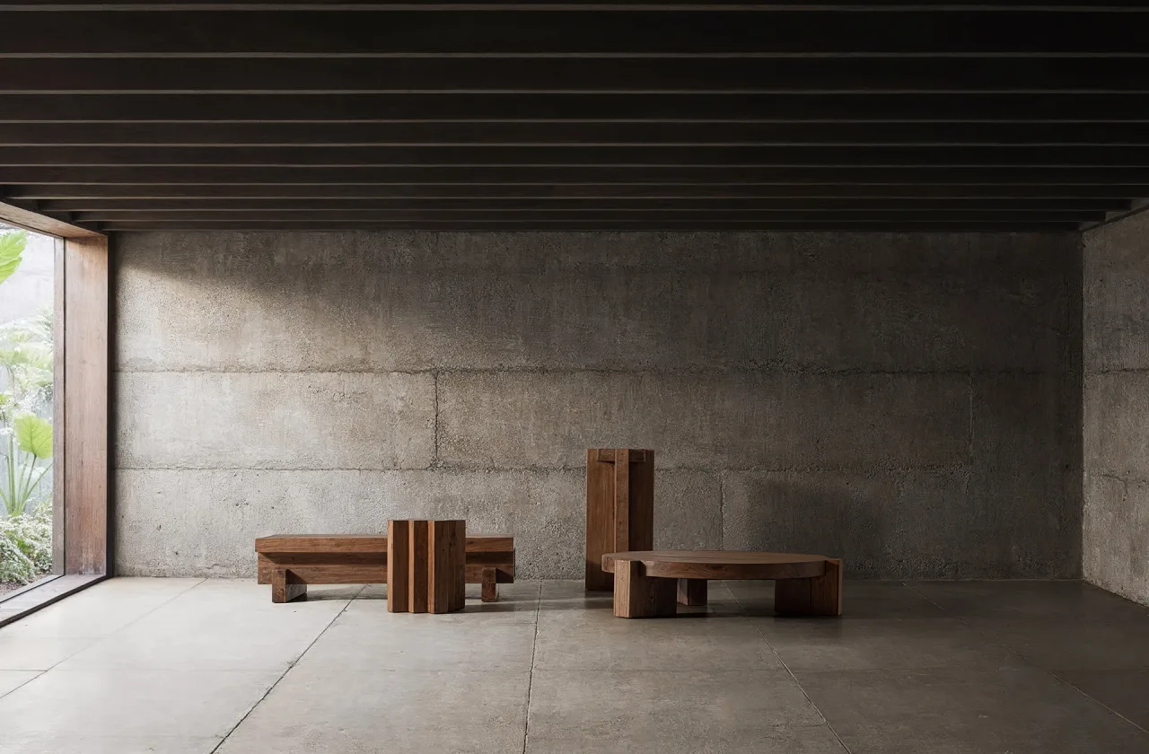 Tables basses Vical Home Table basse Brutalist Vical Home en bois de sal dans un salon minéral