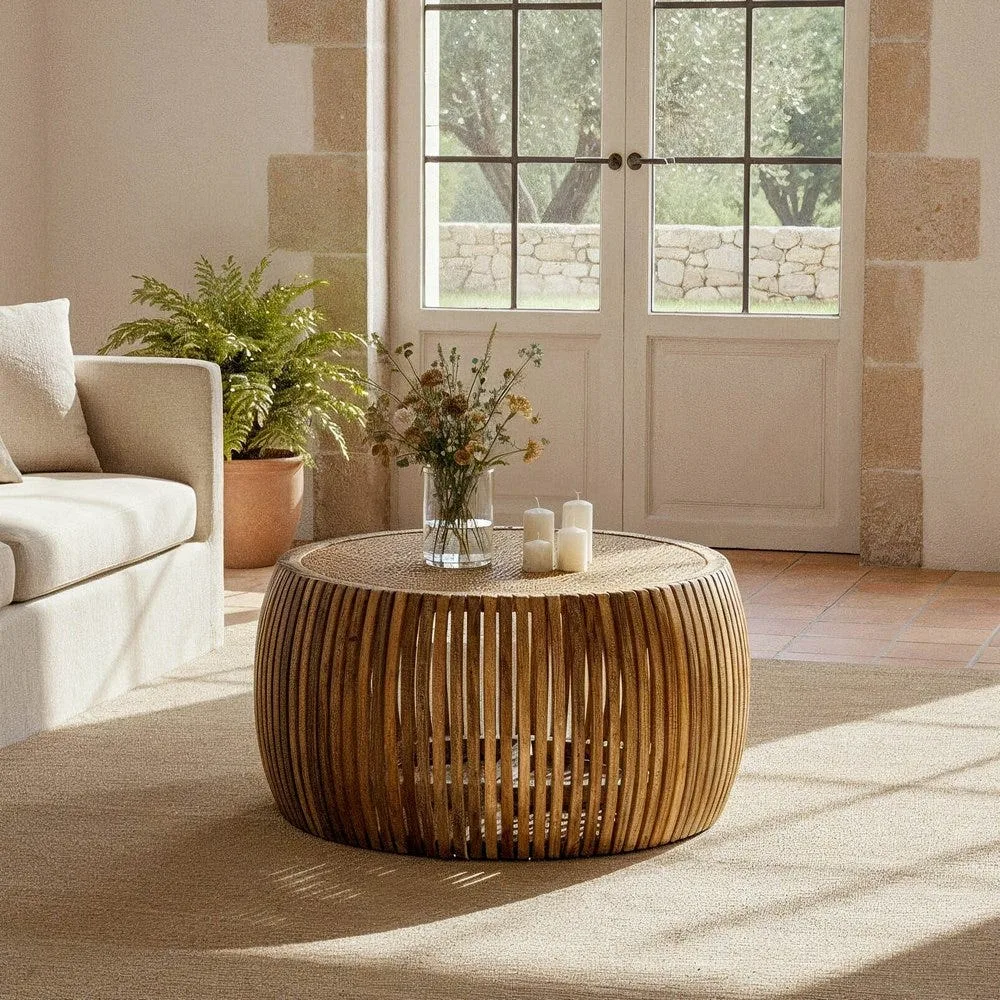 Table basse ronde bois de manguier et rotin Ixia 75 cm