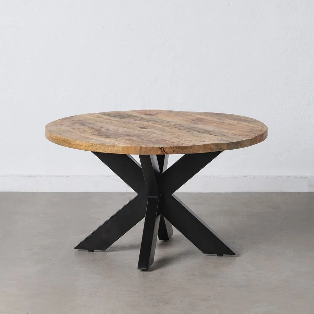 Table basse ronde plateau en lattes de bois massif et métal noir Ixia 80 x 45 cm