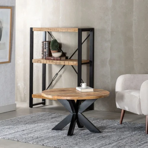 Table basse ronde plateau en lattes de bois massif et métal noir Ixia 80 x 45 cm — vue 9