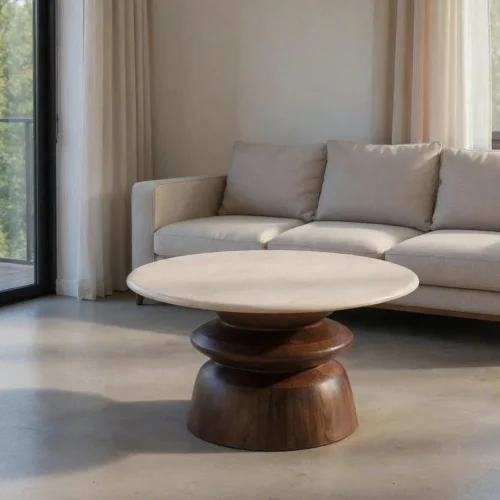 Table basse ronde plateau marbre bois de manguier Ixia 75 cm