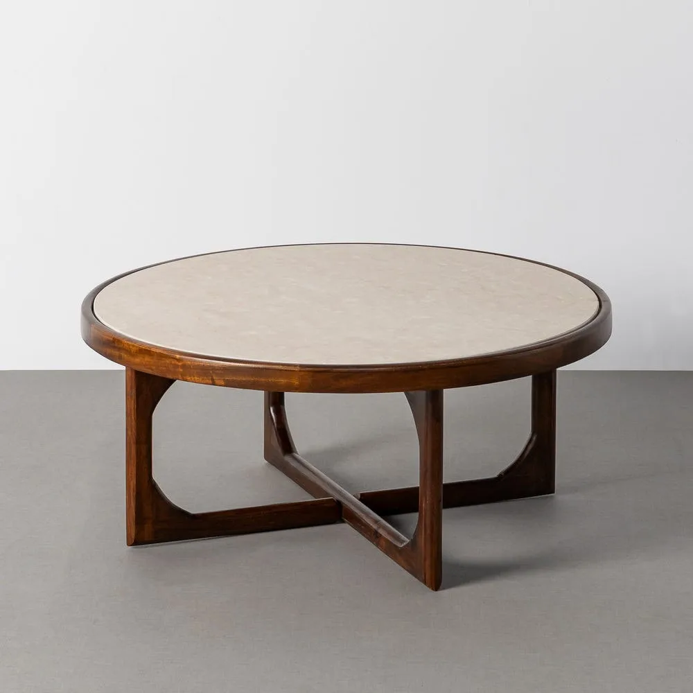 Table basse ronde plateau marbre bois de manguier Ixia 78 cm