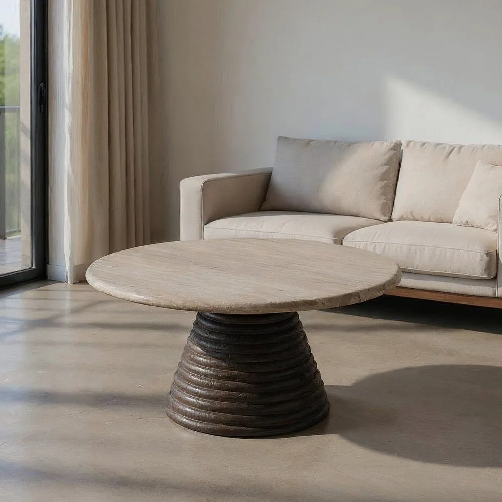 Table basse ronde plateau marbre bois de manguier Ixia 90 cm