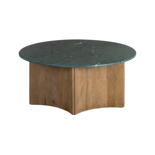 Table basse ronde plateau marbre vert bois de manguier Ixia 97 cm — vue 2