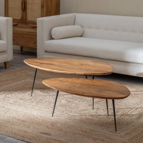 Table basse gigogne organique bois d'acacia et métal Ixia 110 cm — vue 2