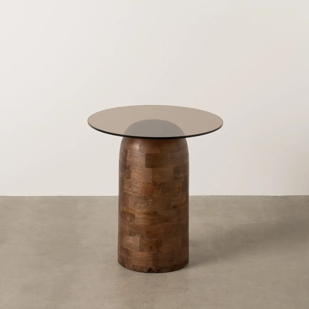 Table basse haute plateau verre bois de manguier miel Ixia 50 cm