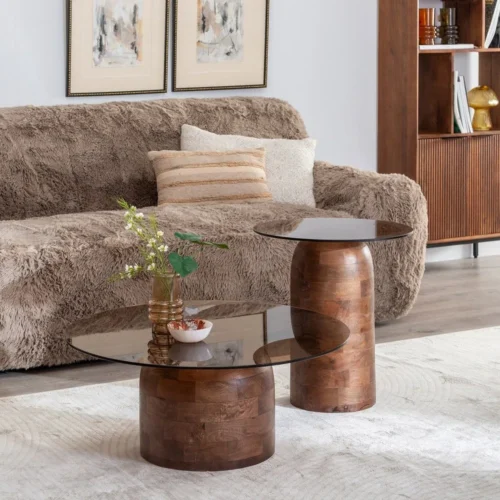 Table basse haute plateau verre bois de manguier miel Ixia 50 cm — vue 2