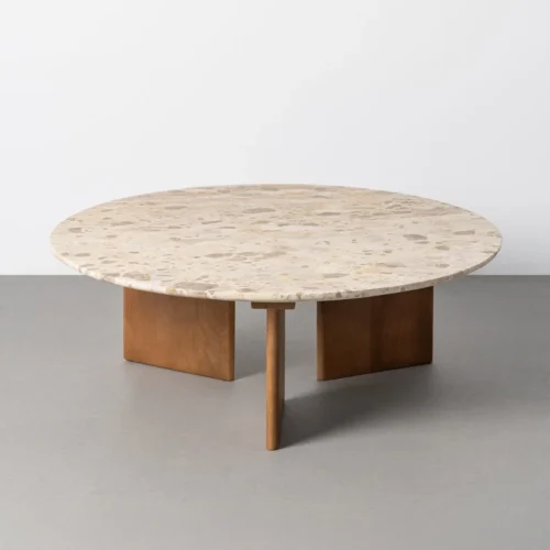 Table basse pierre naturelle et bois de manguier beige Ixia 100 cm