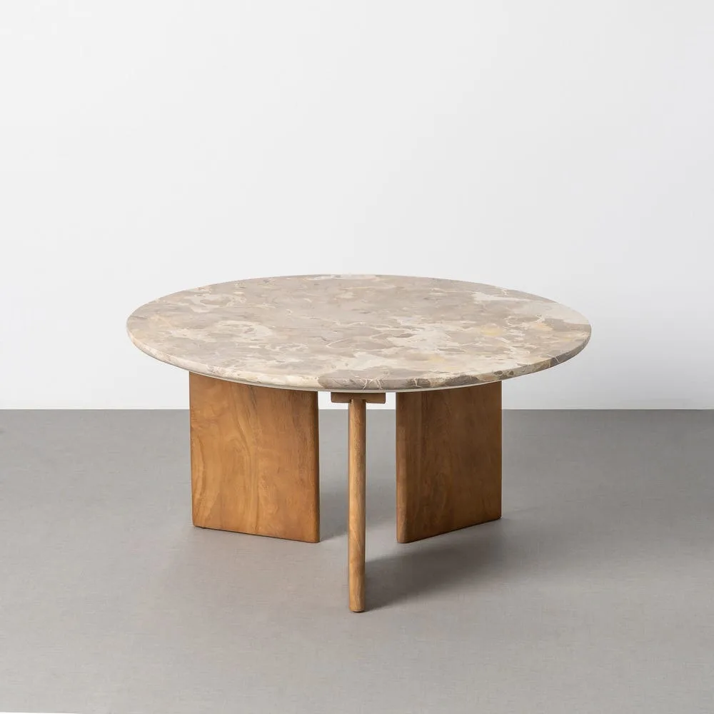 Table basse pierre naturelle et bois de manguier beige Ixia 80 cm