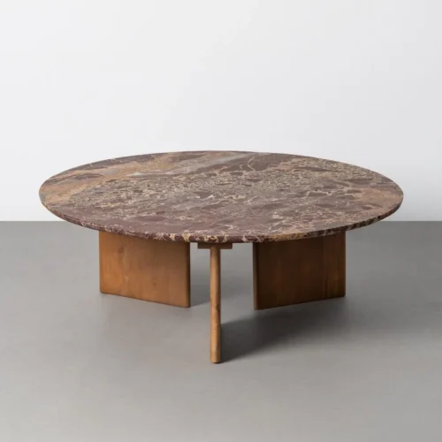 Table basse pierre naturelle et bois de manguier bordeaux Ixia 100 cm