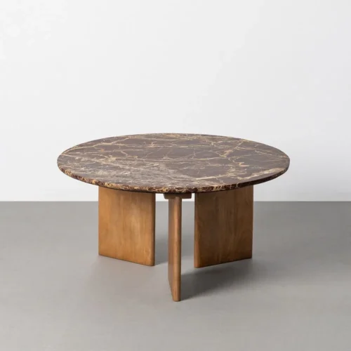 Table basse pierre naturelle et bois de manguier bordeaux Ixia 80 cm