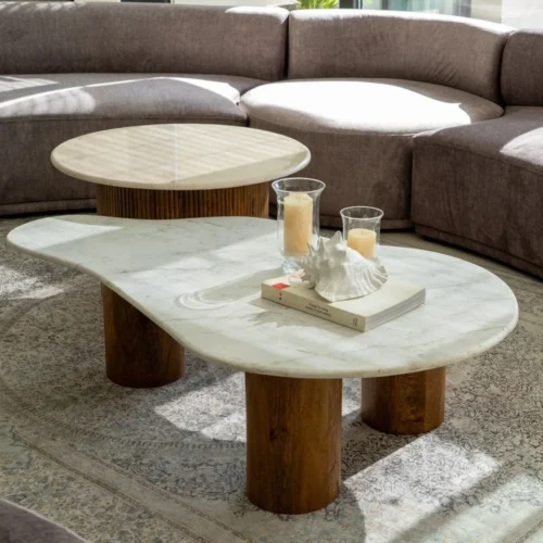 Table basse plateau marbre blanc et bois de manguier Ixia 135 cm