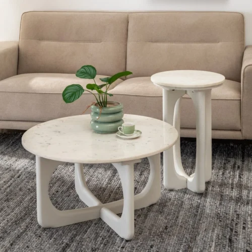 Table basse plateau marbre blanc et bois de manguier Ixia 75 cm — vue 10