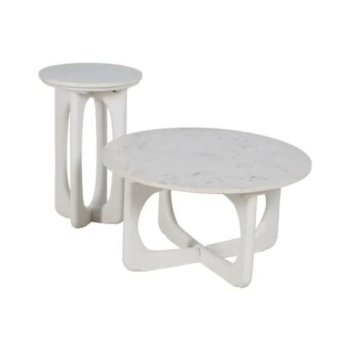Table basse plateau marbre blanc et bois de manguier Ixia 75 cm — vue 2