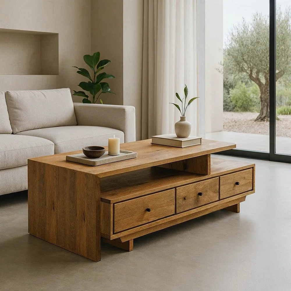 Table basse rectangulaire 3 tiroirs bois de manguier naturel Ixia 150 cm