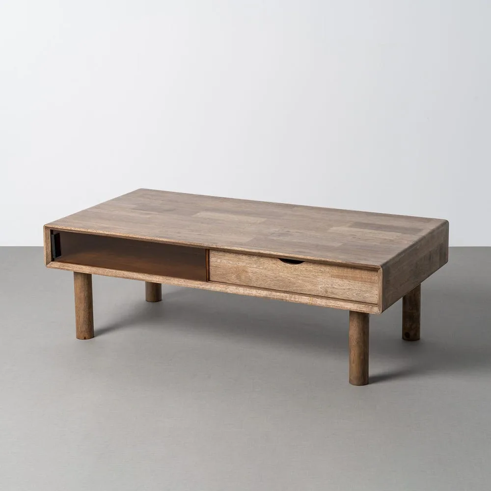 Table basse rectangulaire tiroir et portes vitrées bois d'hévéa Ixia 120 cm