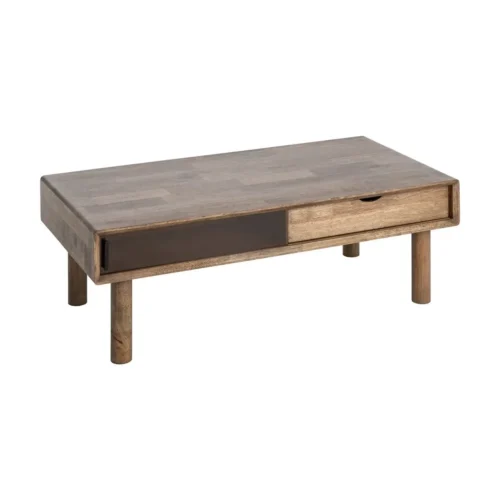 Table basse rectangulaire tiroir et portes vitrées bois d'hévéa Ixia 120 cm — vue 2