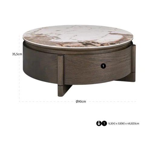 Table basse ronde Langford marron 90 cm à tiroir Richmond Interiors — vue 4