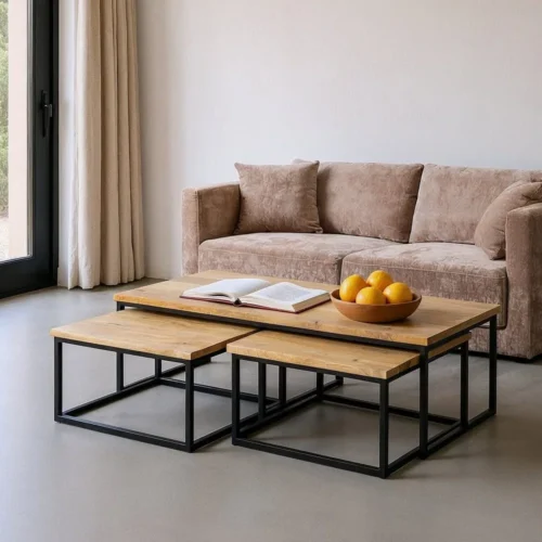 Table basse trio bois de manguier et métal Ixia 130 cm