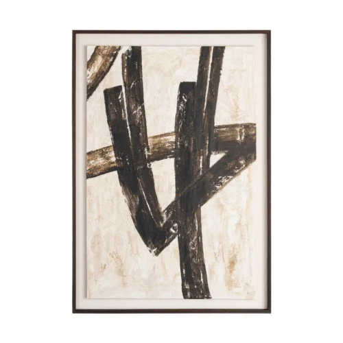 Décoration Tableau abstrait branches noires sur fond crème doré Ixia 92 × 132 cm