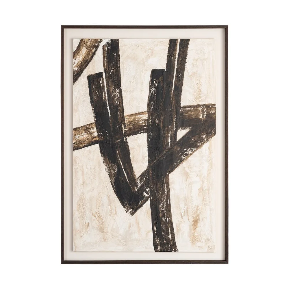 Tableau abstrait branches noires sur fond crème doré Ixia 92 × 132 cm