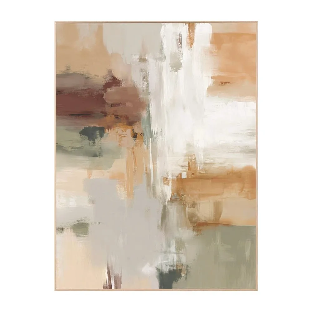 Tableau abstrait coulées verticales vert sauge et ocre Ixia 60 × 120 cm