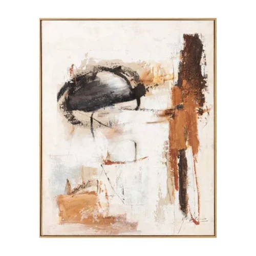 Tableau abstrait forme noire et coulée ocre sur beige Ixia 120 × 150 cm