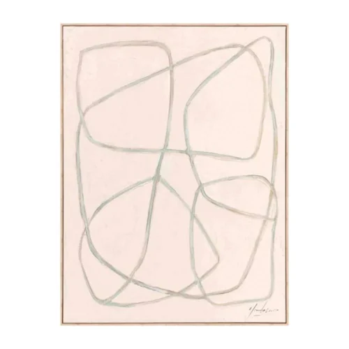 Tableau abstrait trait continu vert sauge sur rose poudré Ixia 90 × 120 cm