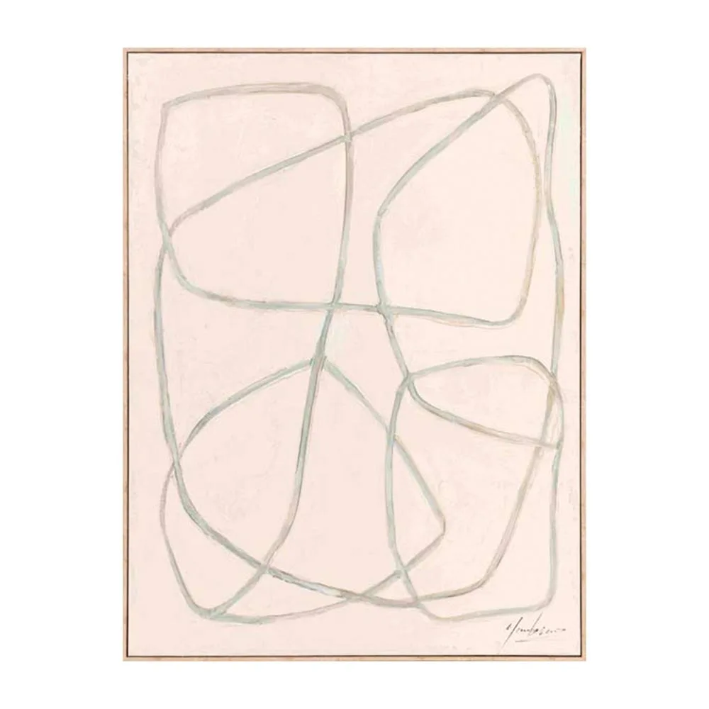 Tableau abstrait trait continu vert sauge sur rose poudré Ixia 90 × 120 cm