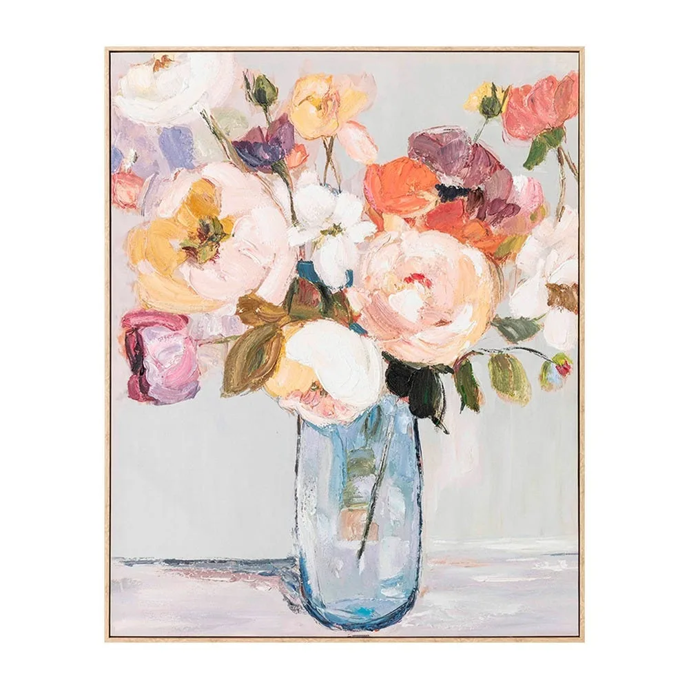 Tableau bouquet de fleurs au vase de verre peinture à l'huile Ixia 80 × 100 cm