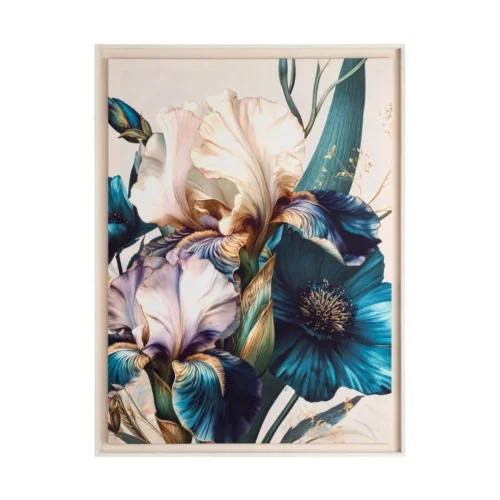 Tableau grandes fleurs bleues et colibri tapisserie imprimée Ixia 118 × 158 cm