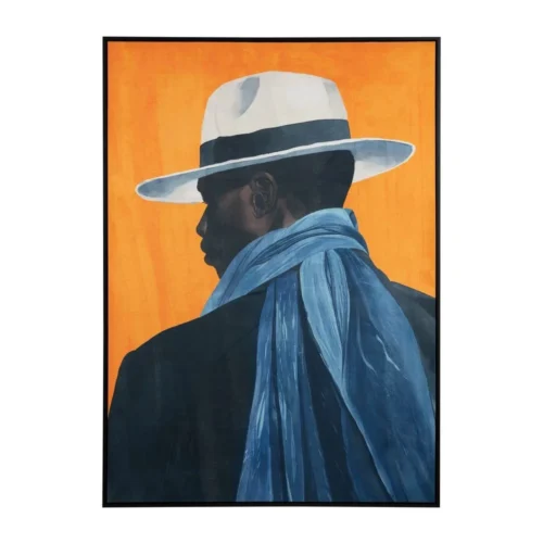 Tableau homme au chapeau panama fond orange Ixia 103 × 143 cm