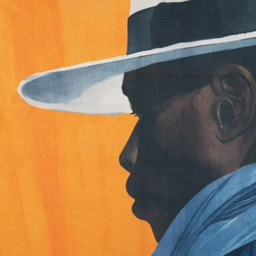 Tableau homme au chapeau panama fond orange Ixia 103 × 143 cm — vue 2