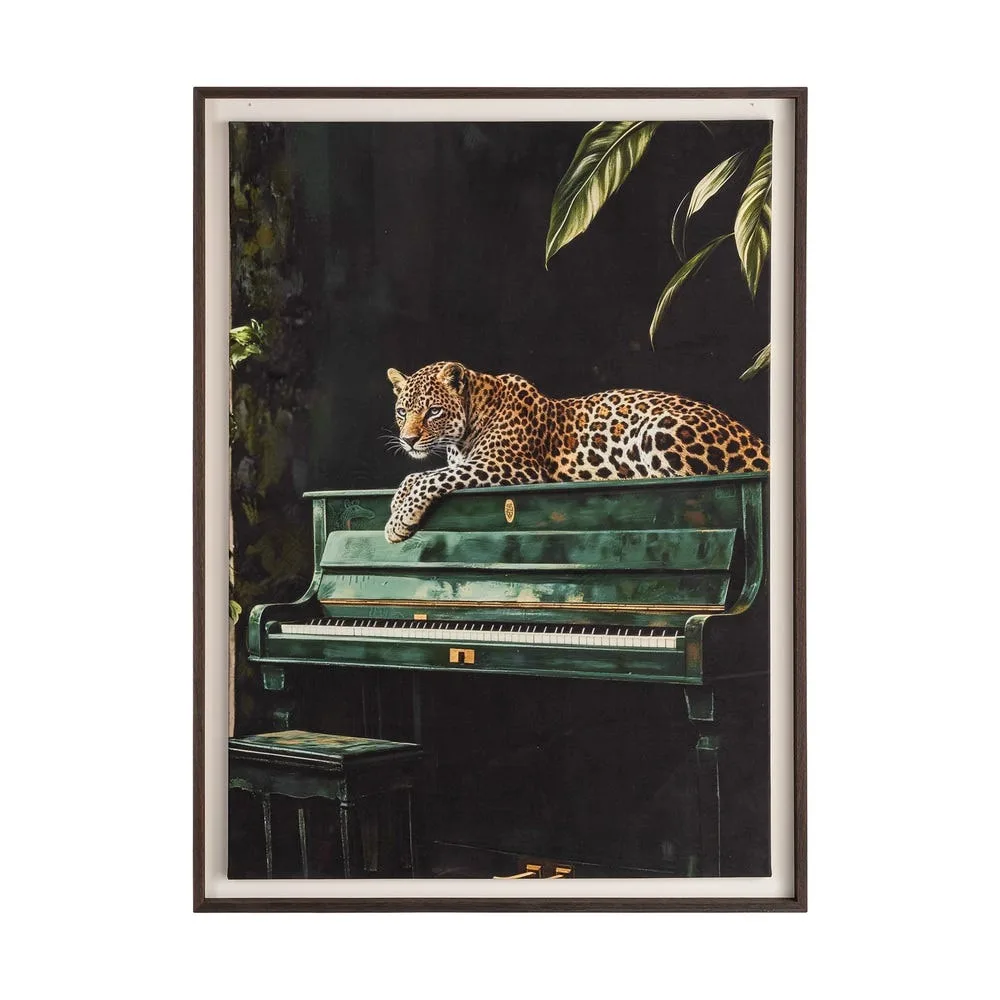 Tableau léopard sur piano vert d'eau tapisserie imprimée Ixia 86 × 118 cm