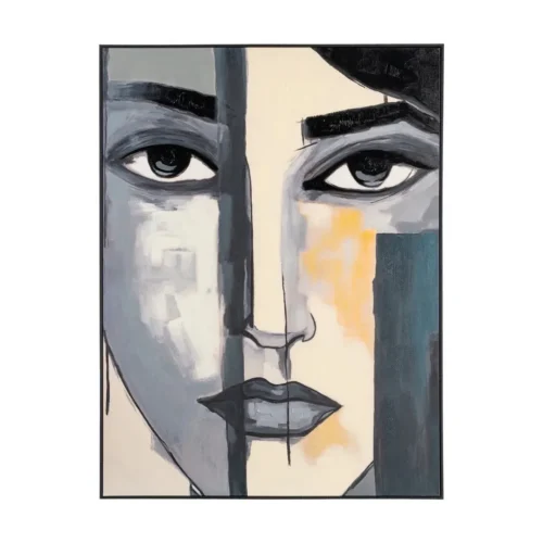 Tableau portrait de femme peint à la main gris et ocre Ixia 92 × 122 cm