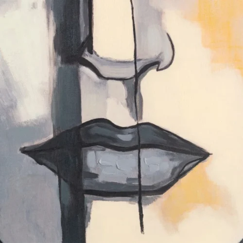 Tableau portrait de femme peint à la main gris et ocre Ixia 92 × 122 cm — vue 2