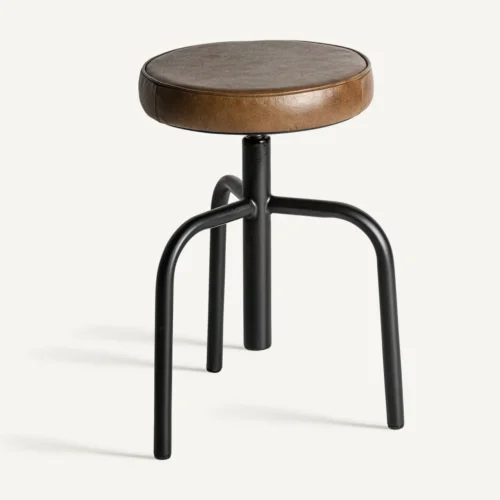 Tabouret Snait fer noir et cuir de chèvre marron Vical Home — vue 2