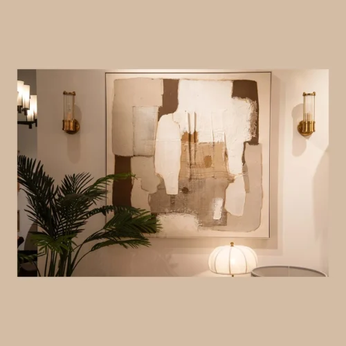 Tableau abstrait peint main bruns et blanc cadre blanc Ethan Chloé 120 cm