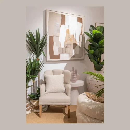 Tableau abstrait peint main bruns et blanc cadre blanc Ethan Chloé 120 cm