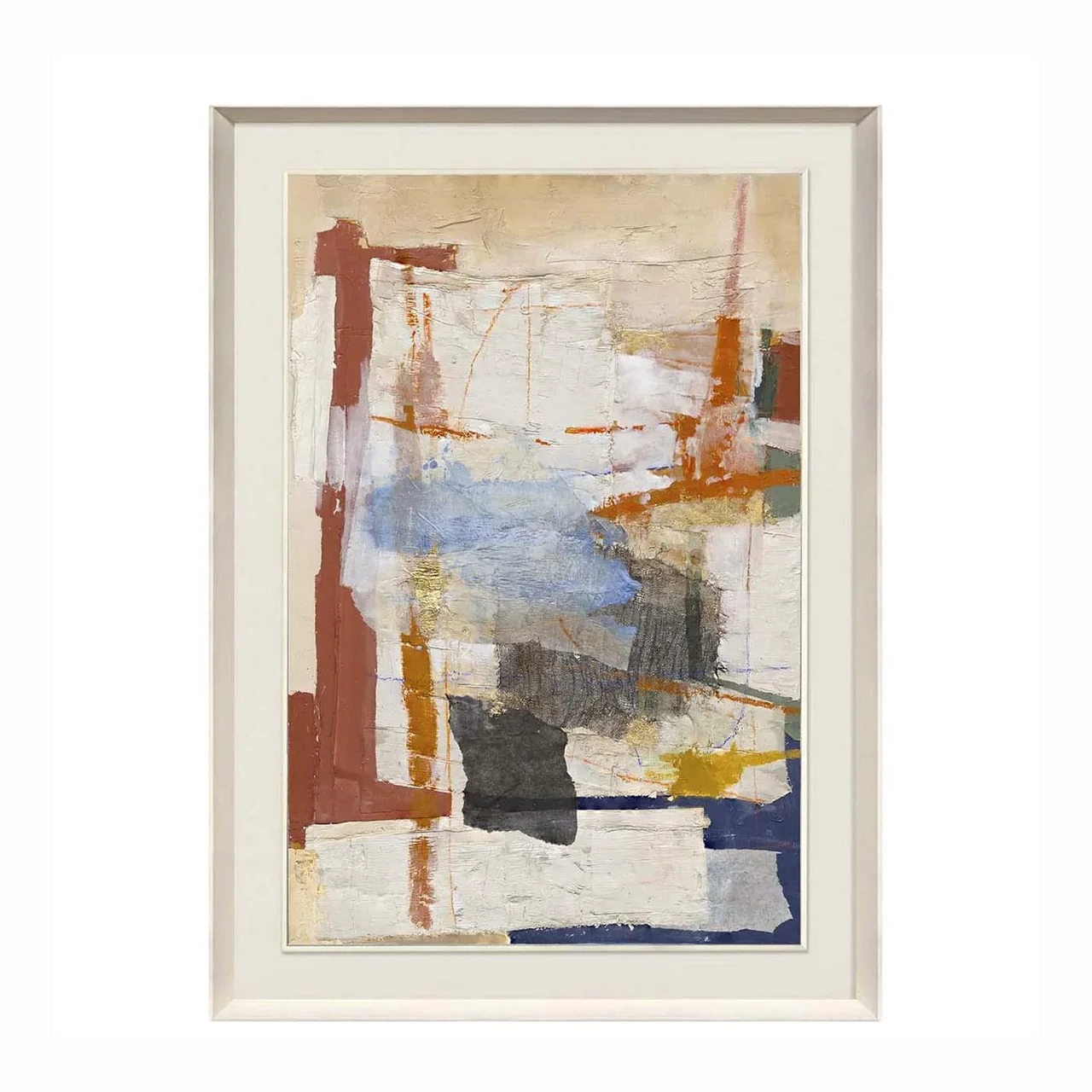Tableau abstrait peint main terres et bleu encadré Ethan Chloé 120 x 170 cm
