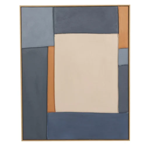 Décoration Ethan Chloé Tableau abstrait peint main bleu gris et crème cadre bois Ethan Chloé 80 x 100 cm