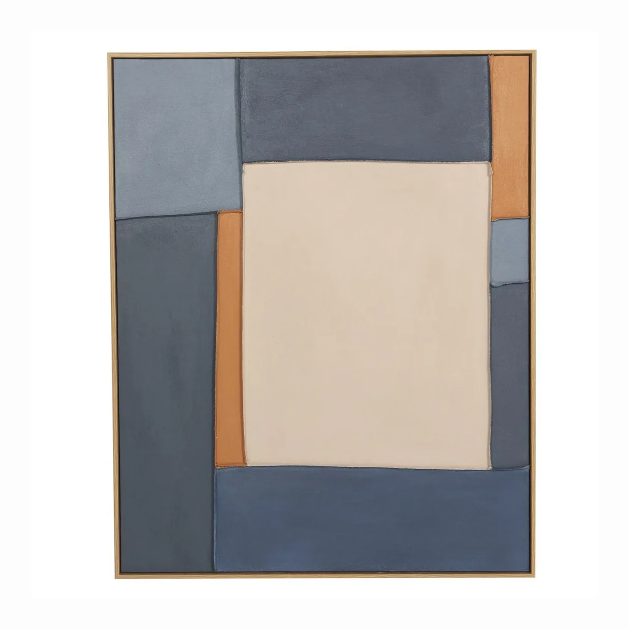 Tableau abstrait peint main bleu gris et crème cadre bois Ethan Chloé 80 x 100 cm