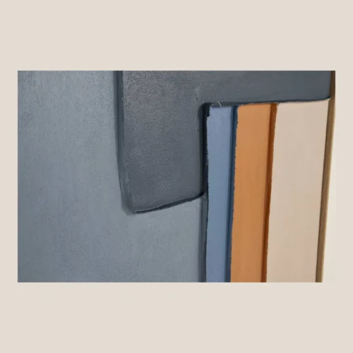 Tableau abstrait peint main bleu gris et ocre cadre bois Ethan Chloé 80 x 100 cm