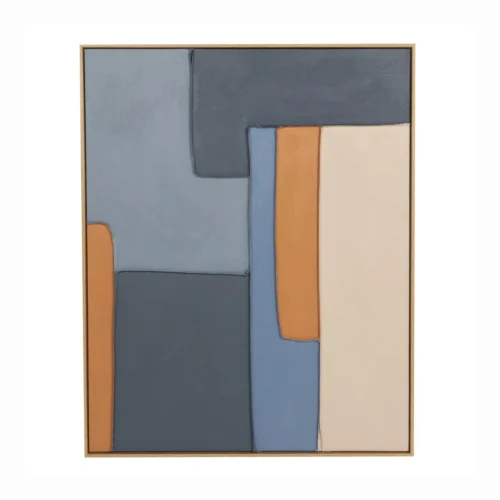 Décoration Ethan Chloé Tableau abstrait peint main bleu gris et ocre cadre bois Ethan Chloé 80 x 100 cm