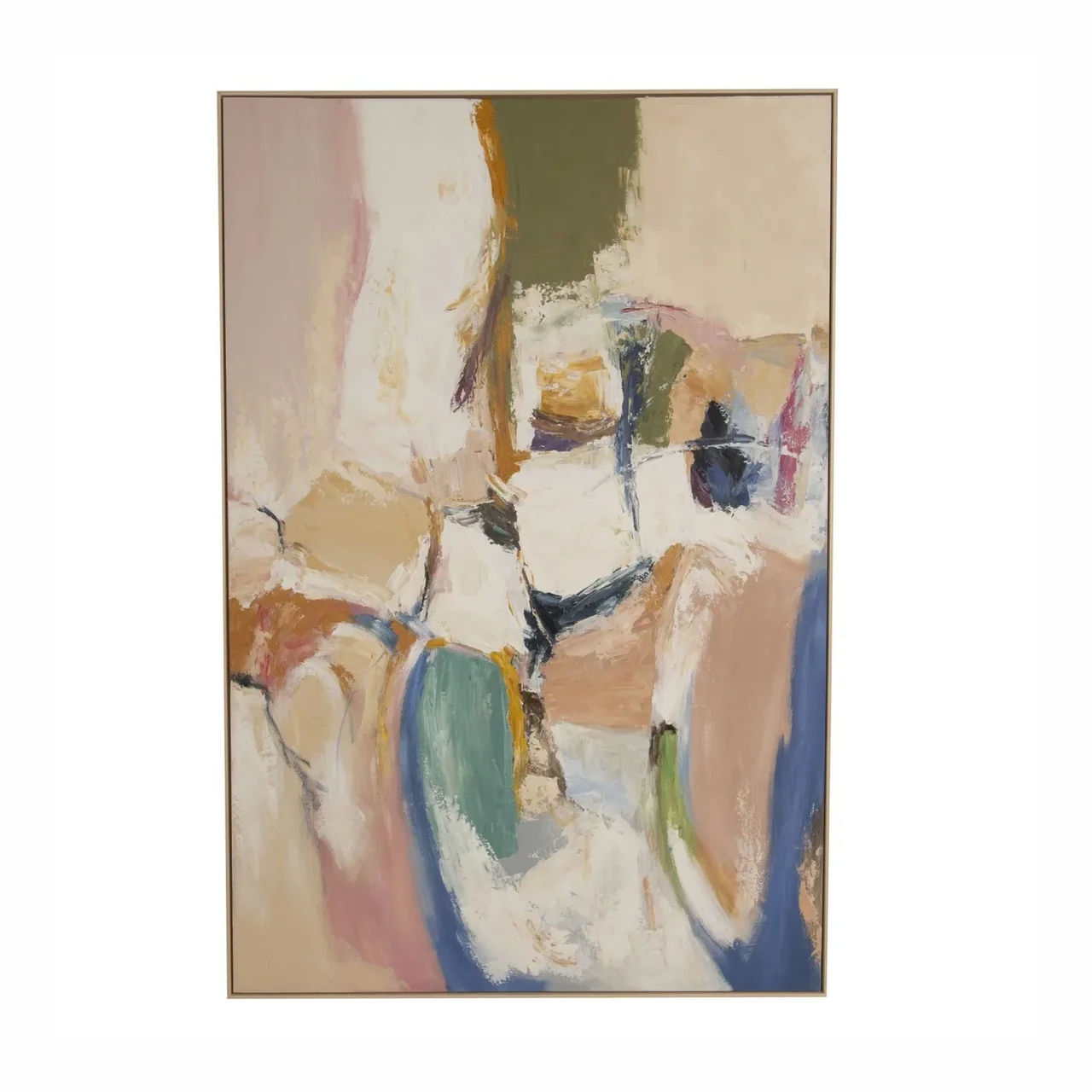 Tableau abstrait peint main vert d'eau et rose cadre bois Ethan Chloé 150 x 180 cm