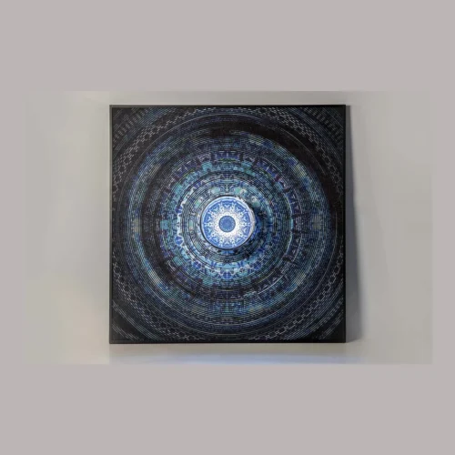 Tableau mandala bleu nacré cadre bois Ethan Chloé 173 x 173 cm