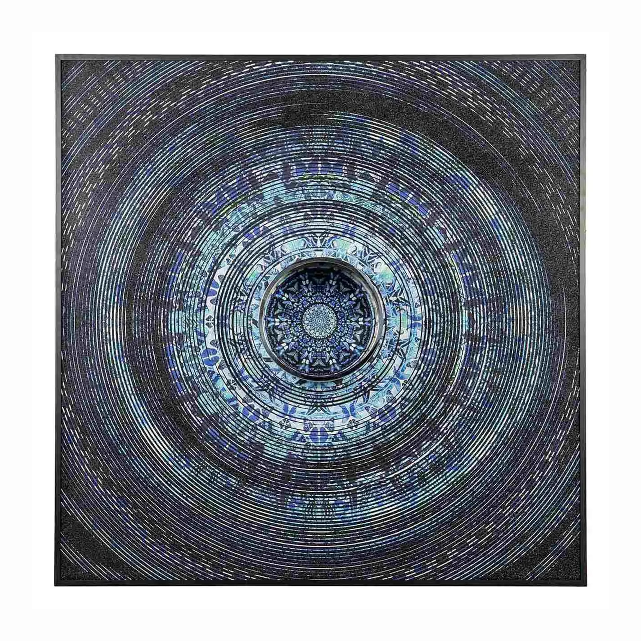 Tableau mandala bleu nacré cadre bois Ethan Chloé 173 x 173 cm
