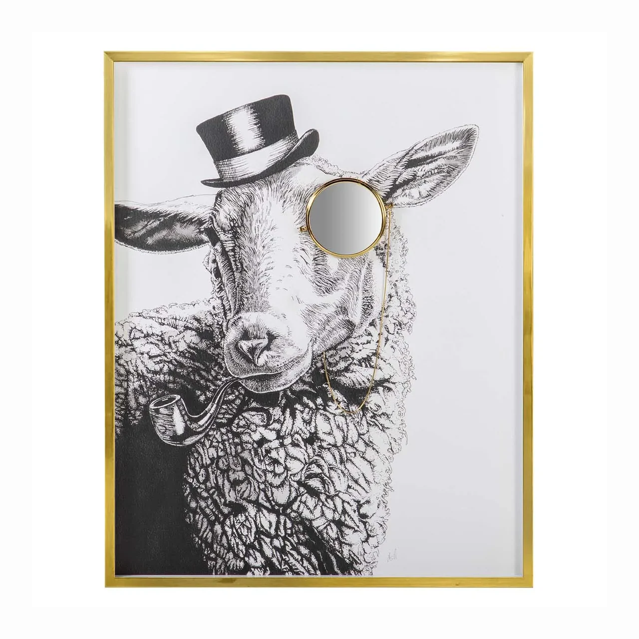 Tableau mouton au chapeau haut de forme cadre doré Ethan Chloé 80 x 100 cm