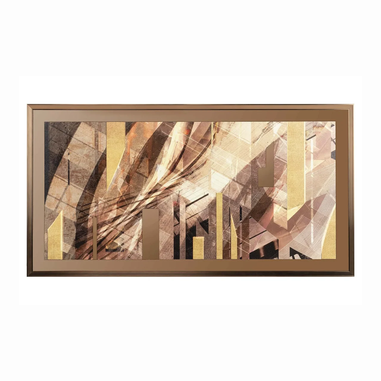 Tableau abstrait panoramique beige et or cadre doré Ethan Chloé 180 x 95 cm