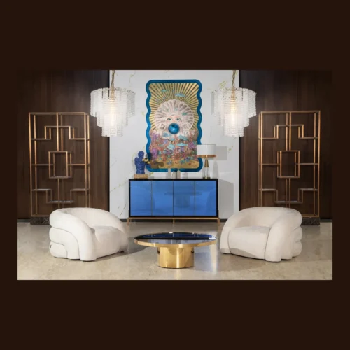 Tableau soleil et sphère bleue cadre bleu nuit Ethan Chloé 120 x 195 cm